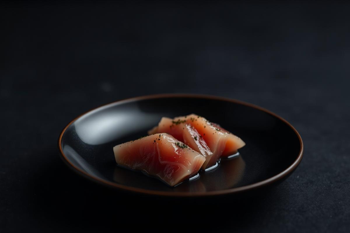 Tuna tataki plated on a dark ceramic dish