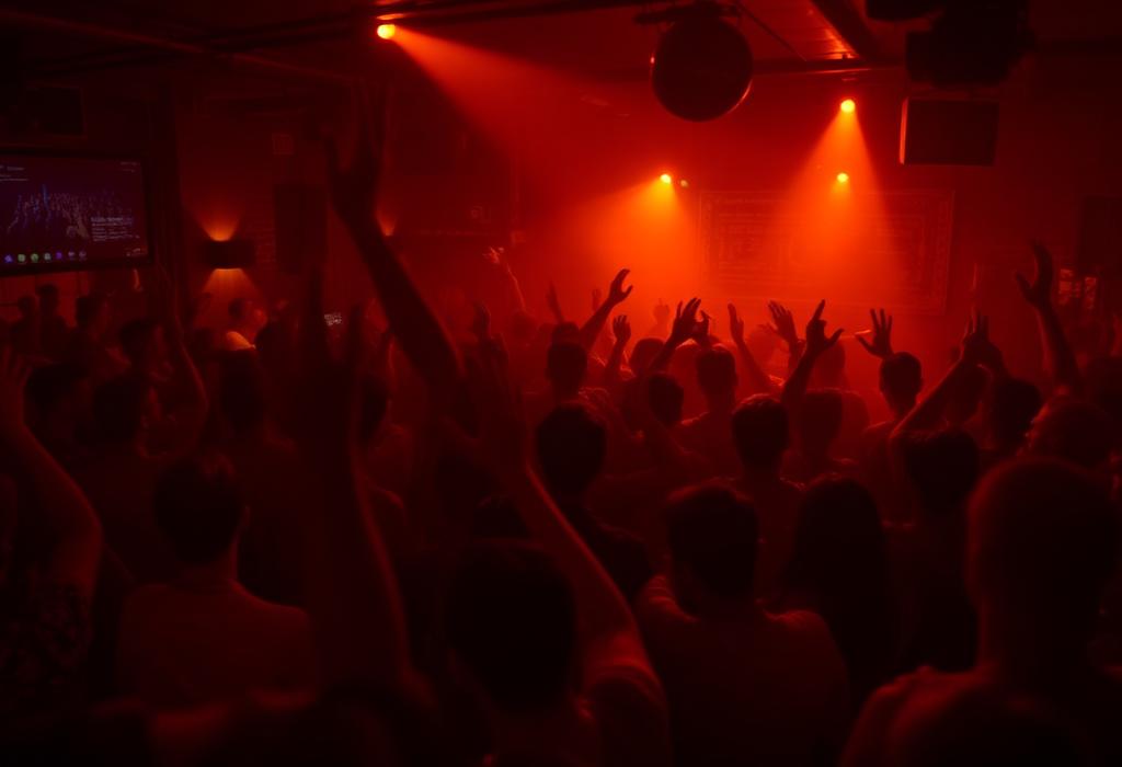 Packed dancefloor under warm amber lights
