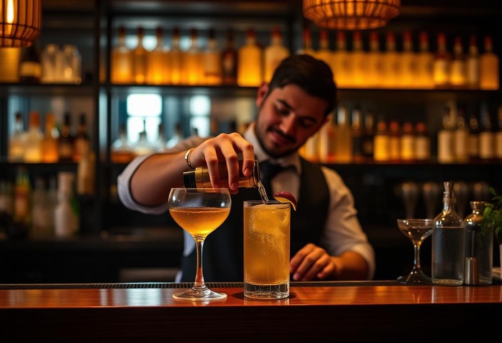 Bartender pouring a golden cocktail behind a dark bar