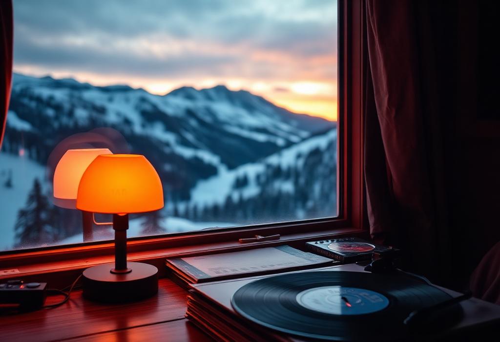 Vinyl records by a warm lamp with snowy mountain view