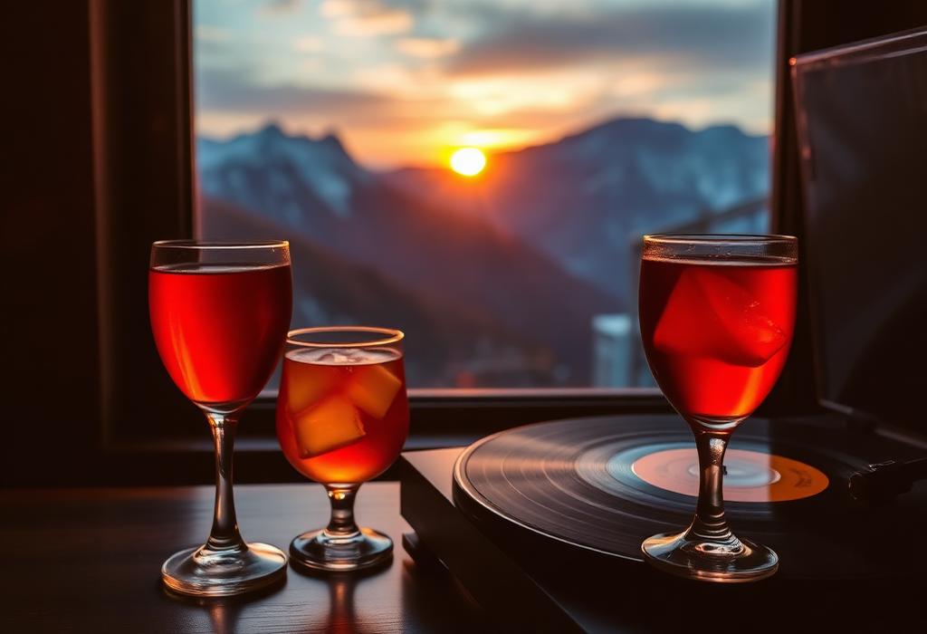 Two amber cocktails by a turntable with alpine sunset behind