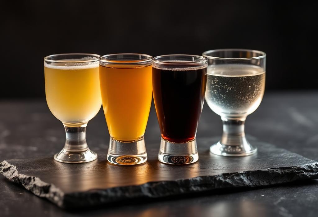 Sake tasting flight on dark slate under warm light