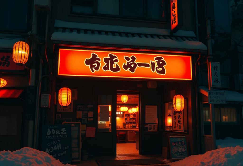 Neon-lit izakaya entrance with paper lanterns