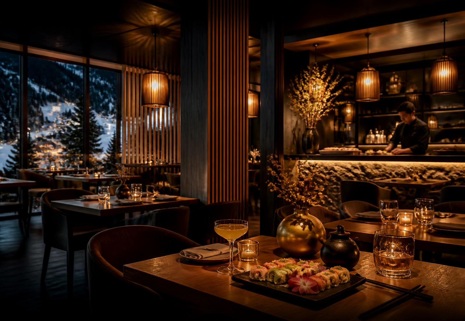 Warmly lit Yuki Yama dining room with sushi and cocktails overlooking a snowy Val Thorens night